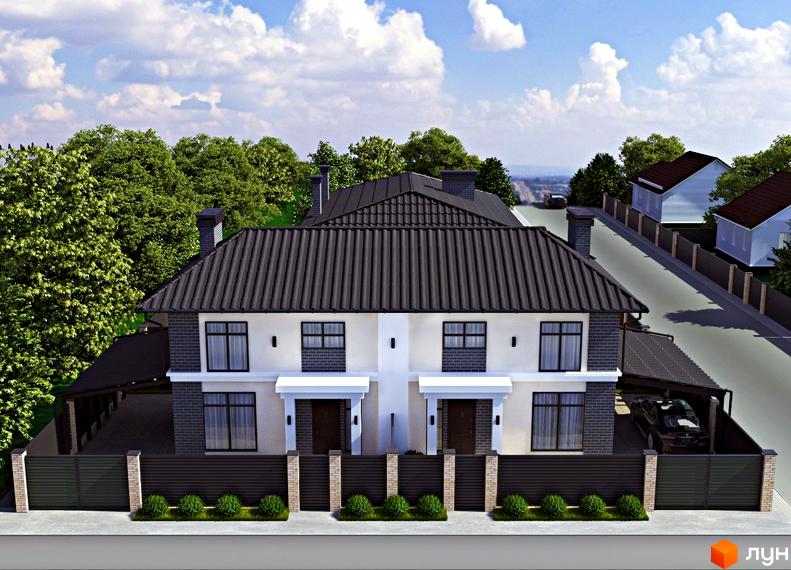 Дуплекси Four story з темним дахом та білими фасадами, огороджена територія з парканом та зеленими насадженнями.