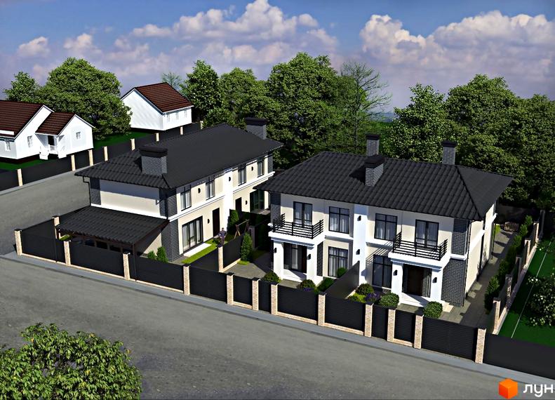 Дуплекси Four story: двоповерхові будинки з темними дахами та світлими фасадами, огороджені прибудинкові території з озелененням.