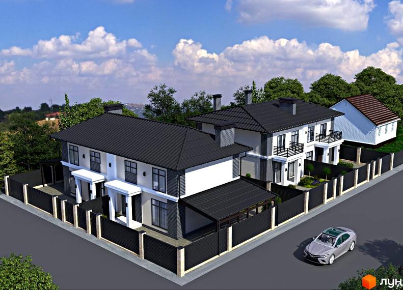 Сучасні дуплекси Four story з чорними дахами та білими фасадами, огороджені парканом з цегляними стовпчиками. Навколо зелені дерева та доглянута прибудинкова територія.