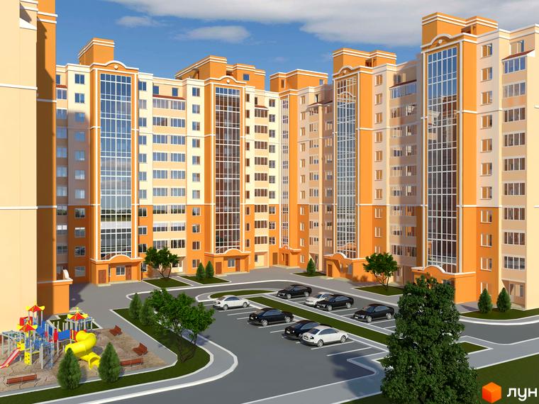 Зображення житлового комплексу Суворівський 2. Високі будинки з великими вікнами та помаранчевими фасадами. На території є парковка та дитячий майданчик.