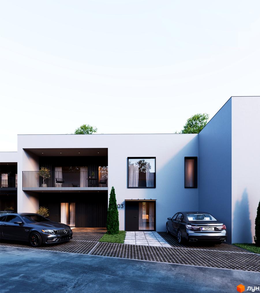 Котеджне містечко TARASIVKA FORREST. Сучасний будинок з балконами та панорамними вікнами, два автомобілі на прибудинковій території.