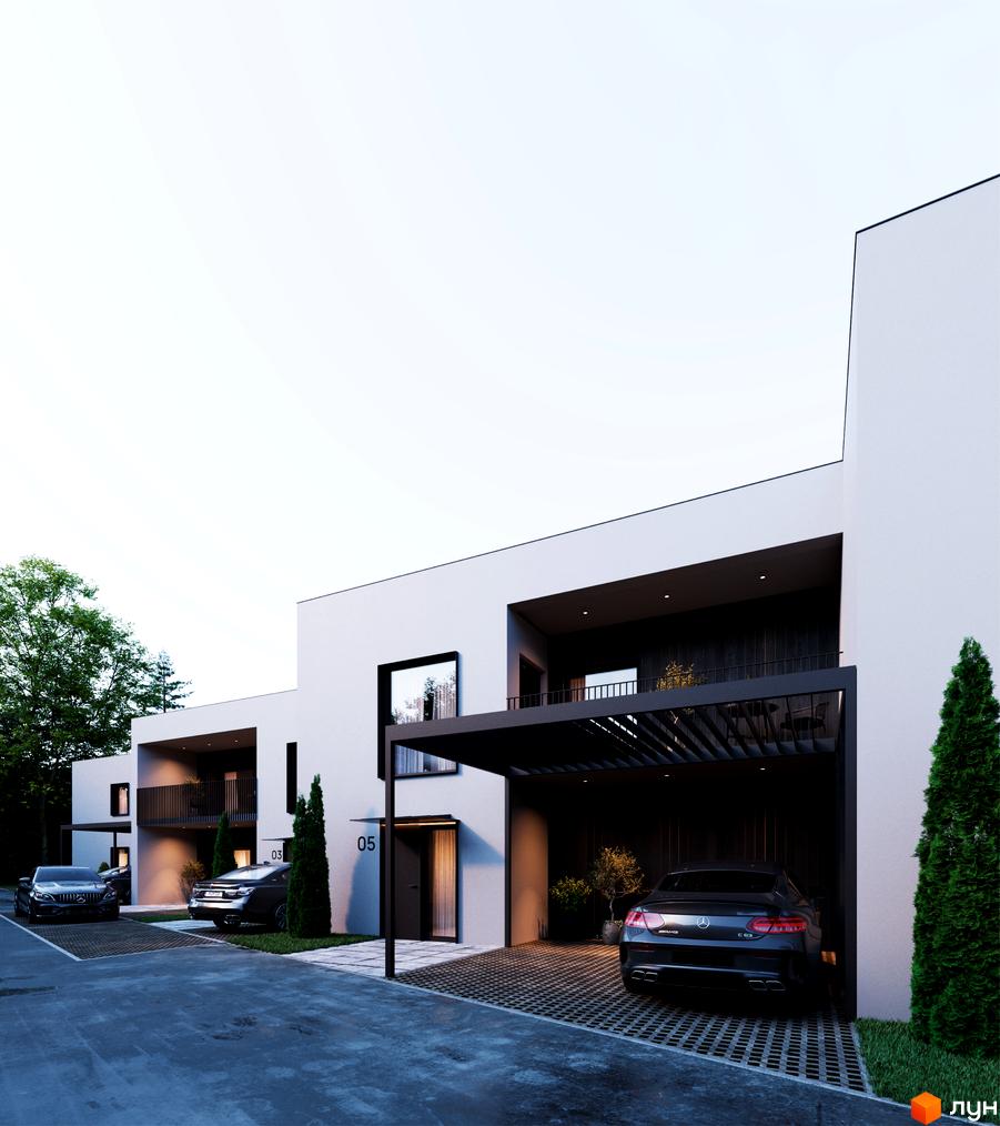 Котеджне містечко TARASIVKA FORREST з сучасними будинками та доглянутою прибудинковою територією з паркуванням для авто.