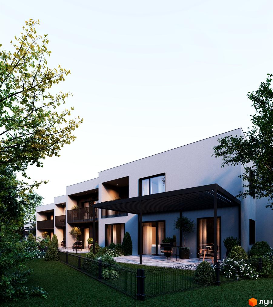 Котеджне містечко TARASIVKA FORREST. Зовнішній вигляд двоповерхових будинків з терасами та прибудинковою територією з газоном і деревами.