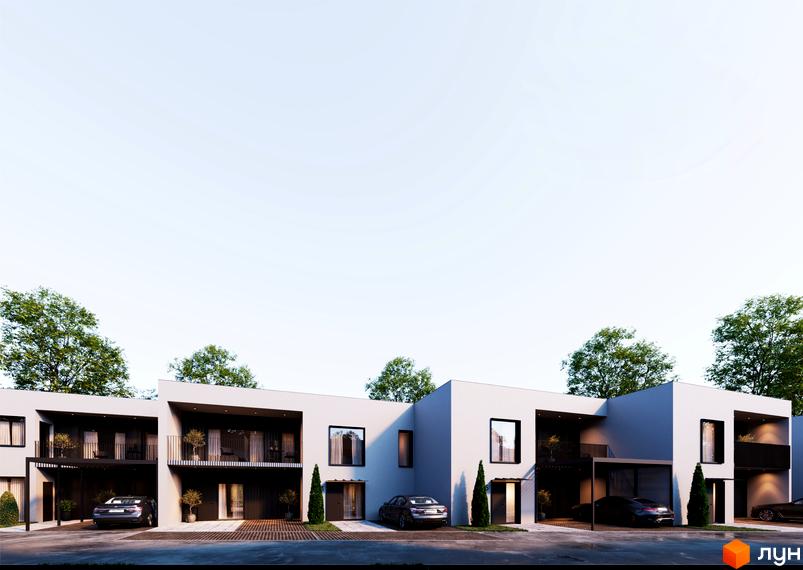 Котеджне містечко TARASIVKA FORREST. Зовнішній вигляд будинків з терасами та парковками, прибудинкова територія з деревами та автомобілями.