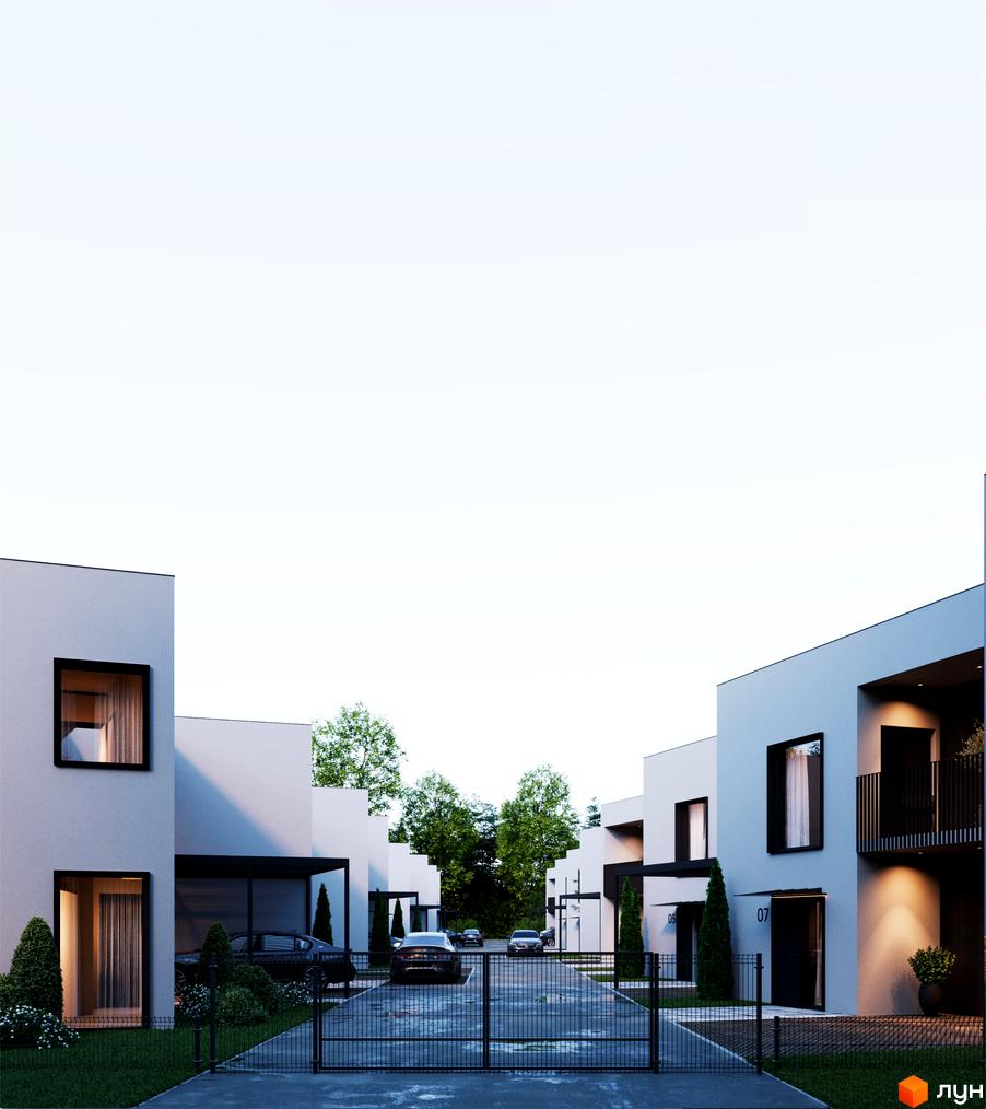 Котеджне містечко TARASIVKA FORREST. Сучасні будинки з панорамними вікнами та доглянутою прибудинковою територією з деревами та парканом.