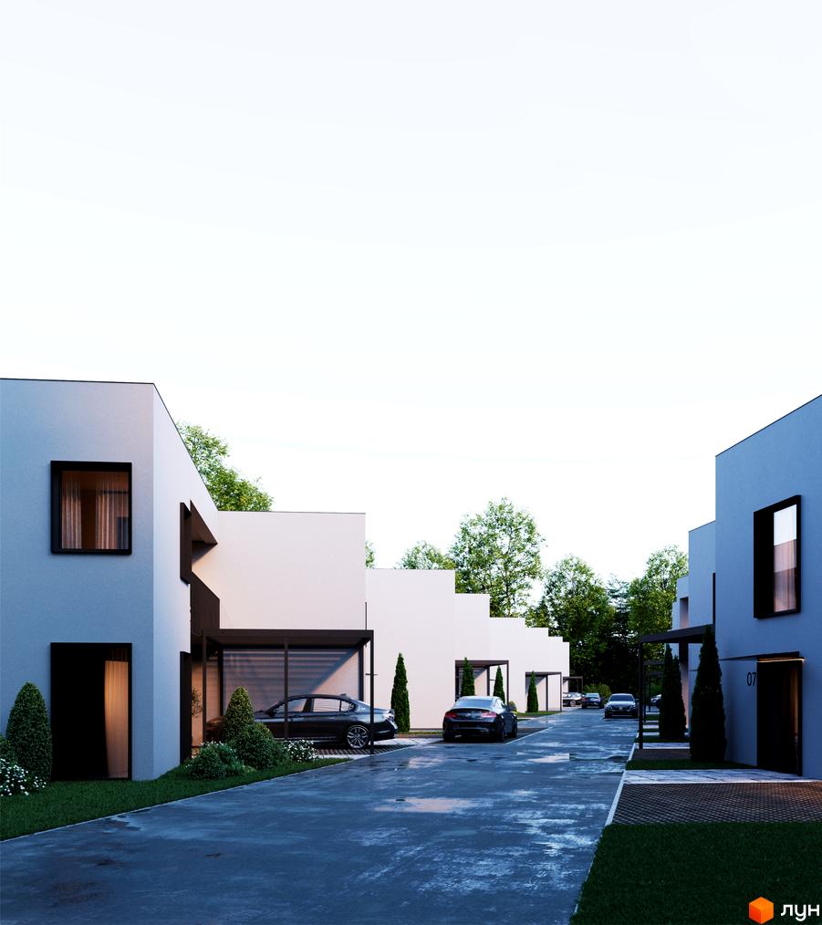 Котеджне містечко TARASIVKA FORREST: сучасні будинки з панорамними вікнами та доглянутою прибудинковою територією з зеленими насадженнями.