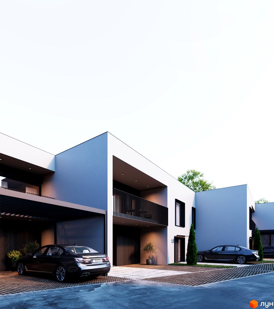 Котеджне містечко TARASIVKA FORREST. Зовнішній вигляд будинків з гаражами та автомобілями на території.