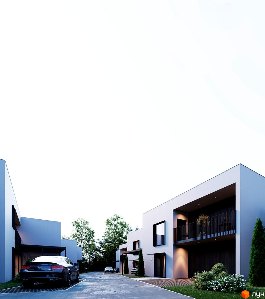 Котеджне містечко КМ TARASIVKA FORREST з сучасними будинками та доглянутою прибудинковою територією. На зображенні видно автомобілі та зелені насадження.