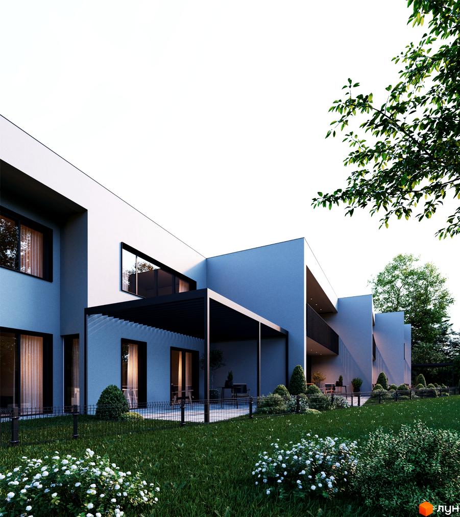 Котеджне містечко TARASIVKA FORREST з білими фасадами та великими вікнами, що виходять на зелену прибудинкову територію з квітами та деревами.