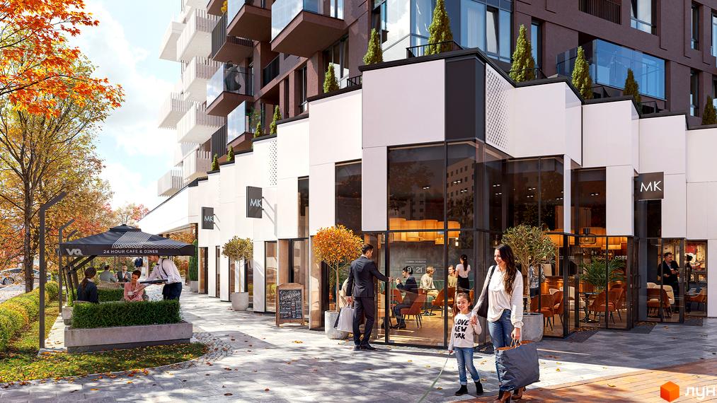 Житловий комплекс TWINS з фасадами з білої та коричневої плитки, скляними балконами та комерційними приміщеннями на першому поверсі. На прибудинковій території розташовані дерева та зони відпочинку.