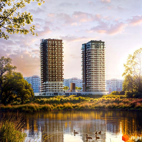 Житловий комплекс TWINS: дві високі будівлі з балконами та великими вікнами. Розташовані біля водойми з качками та зеленими насадженнями.