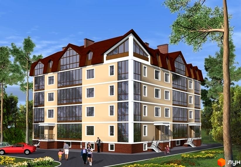 Зображення чотириповерхової будівлі Житлового комплексу Пушкінський з коричневим дахом та великими вікнами. На передньому плані прибудинкова територія з пішоходами.