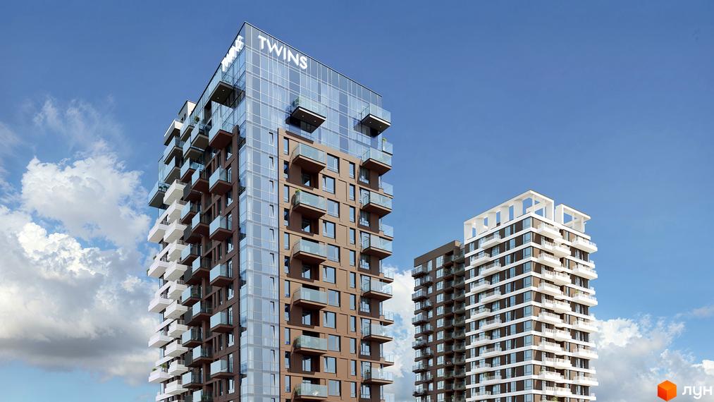 Житловий комплекс TWINS: дві висотні будівлі з комбінованими фасадами та балконами на тлі блакитного неба.
