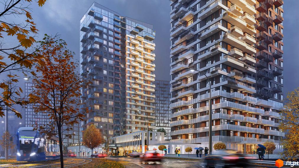 Житловий комплекс TWINS: дві висотні будівлі з балконами та скляними фасадами, розташовані на осінній вулиці з деревами, трамваєм та автомобілями.