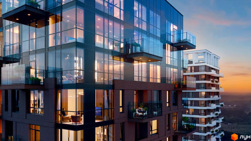 Житловий комплекс TWINS – це сучасна новобудова з панорамним склінням та просторими балконами. На фотографії видно фасади будівель з цегляним оздобленням та скляними елементами.