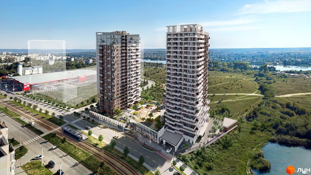 Житловий комплекс TWINS: дві високі будівлі з балконами. Прибудинкова територія включає дитячий майданчик, дороги, зелені пагорби та водойму.