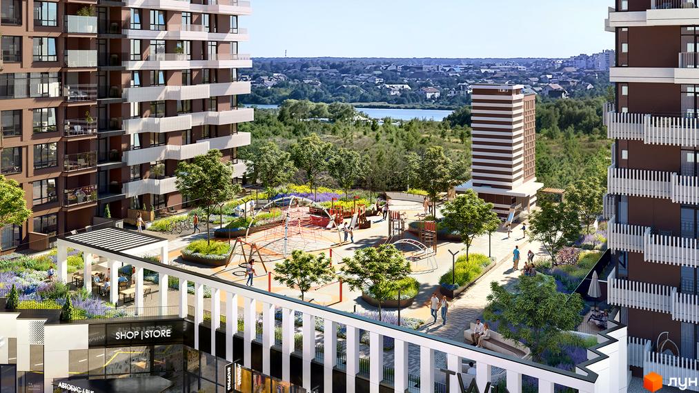 Житловий комплекс TWINS: фасади будівель з коричневими та білими елементами, дитячий майданчик та зелена зона відпочинку.