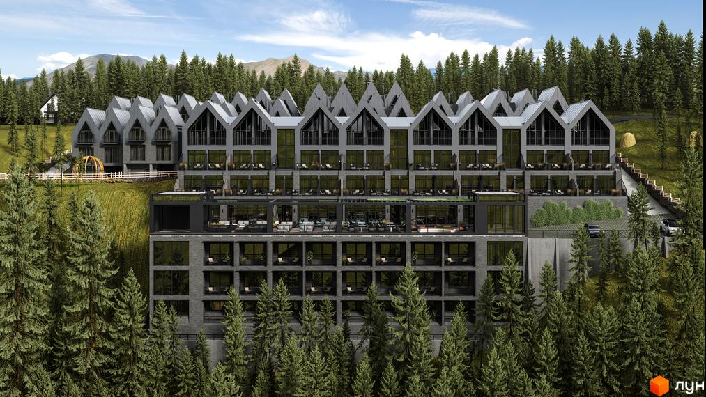 Апарт-комплекс AMA FAMILY RESORT: багатоповерховий будинок з гостроверхими дахами, балконами та великими вікнами, оточений хвойним лісом та горами.