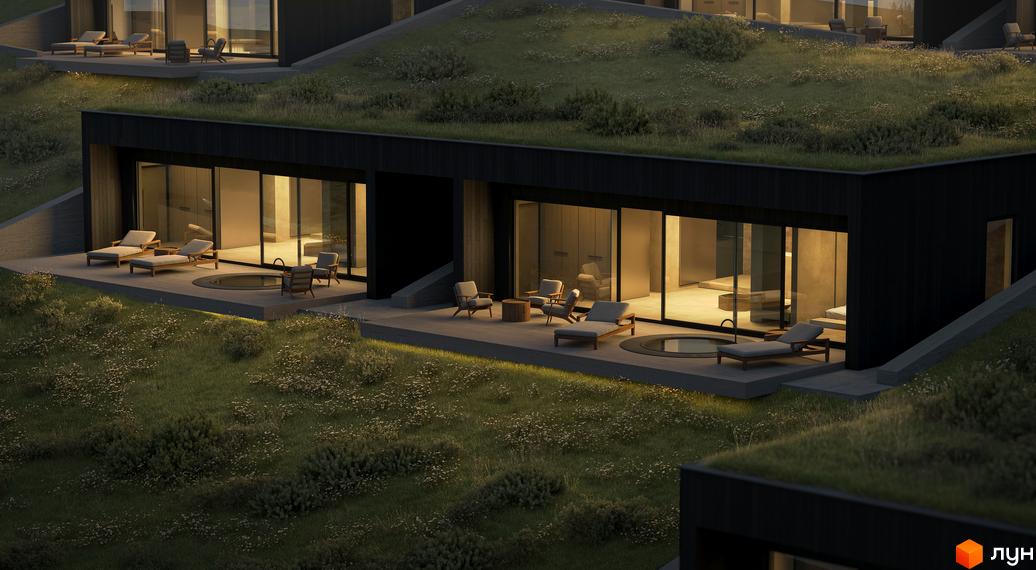 Будинок з зеленою покрівлею та великими вікнами, тераса з меблями та басейном, оточений зеленню.