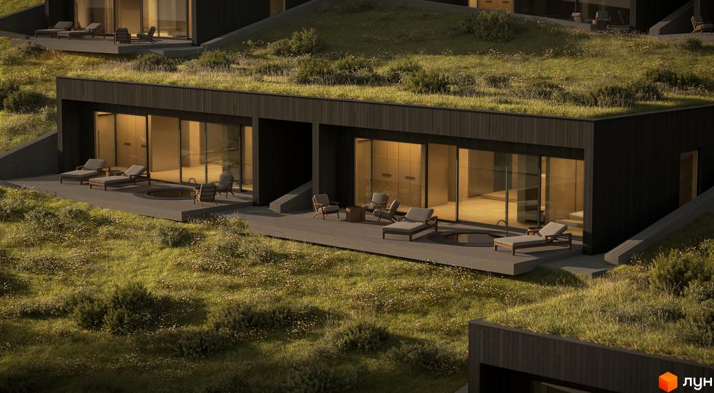 Будинок житлового комплексу YUGEN invest з зеленим дахом та панорамними вікнами, розташований на схилі серед трави та квітів.