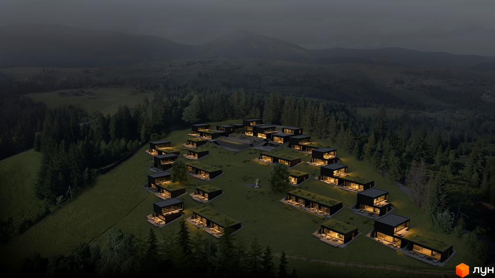 YUGEN invest - житловий комплекс з сучасними будинками, розташований на схилі гори серед лісу. Територія комплексу облаштована басейном та зонами відпочинку.