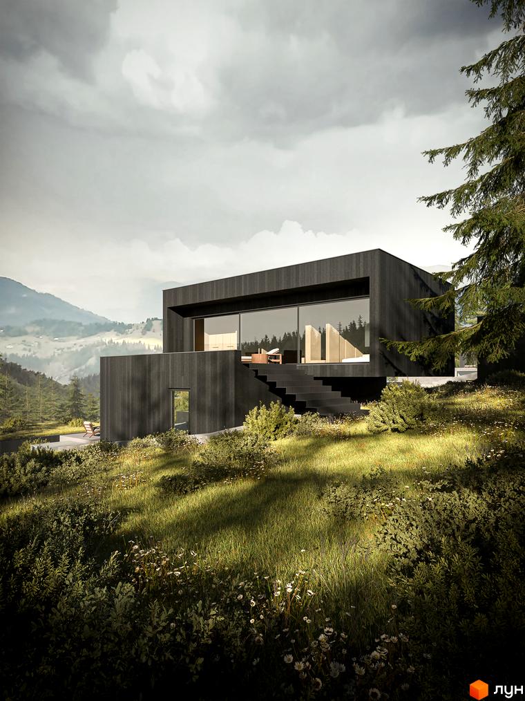 Будинок YUGEN invest з темними фасадами та великими вікнами, розташований на схилі гори серед зелені та дерев. Тераса з кріслами та вид на гірський пейзаж.