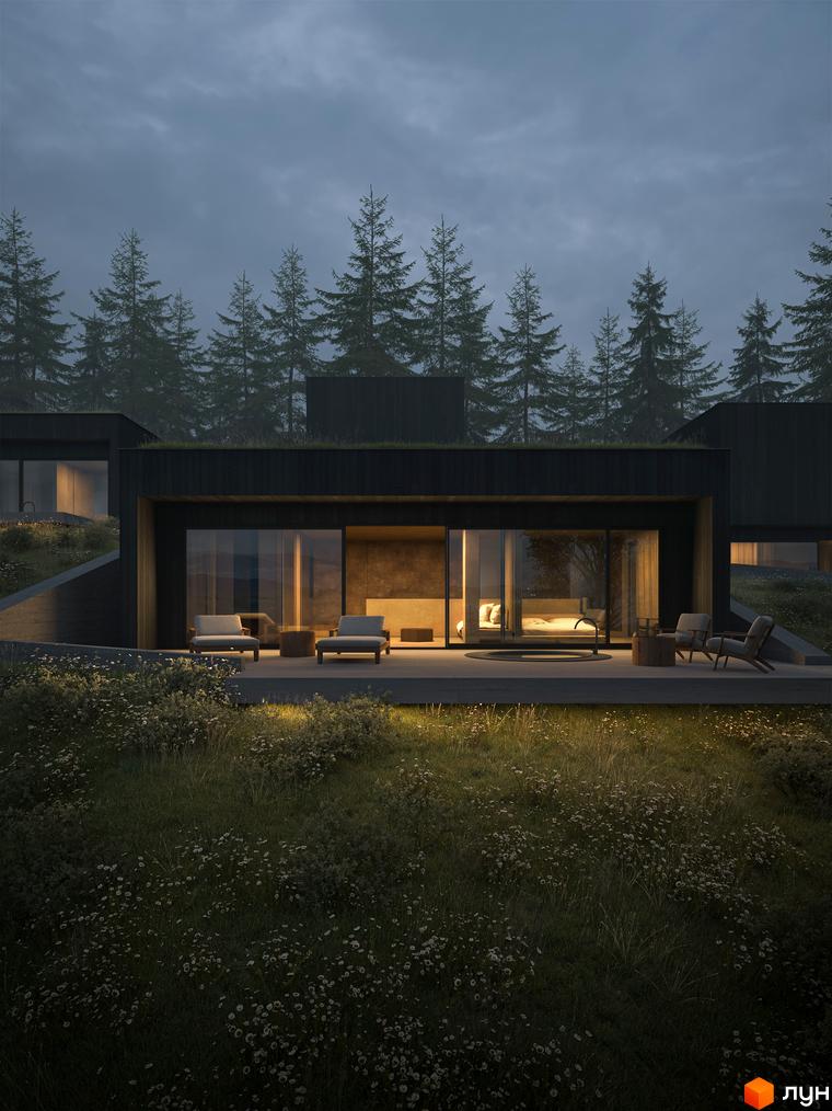 Будинок YUGEN invest з панорамними вікнами та терасою, оточений зеленню та деревами. Сучасна архітектура новобудови в лісовій місцевості.