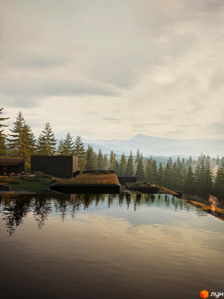 Сучасний житловий комплекс YUGEN invest з басейном та мальовничим краєвидом на гори. Навколо комплексу розташовані хвойні дерева та зелені насадження.