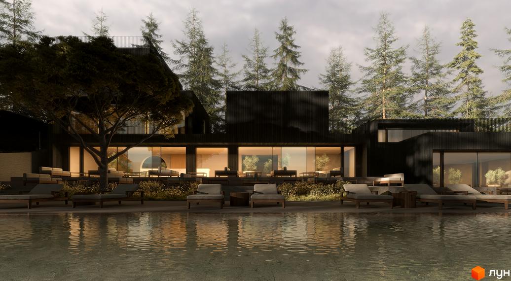 Будинок YUGEN invest з великими панорамними вікнами та терасами, оточений соснами. Біля будинку басейн з шезлонгами та зона відпочинку.