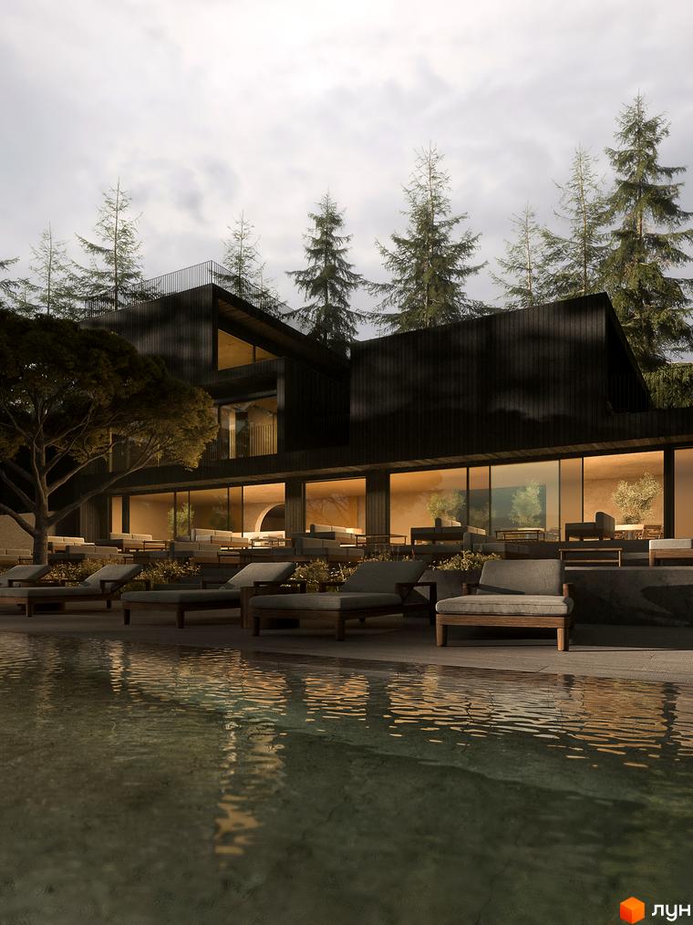 YUGEN invest: сучасний житловий комплекс з великими вікнами та терасами, оточений деревами, з басейном та шезлонгами на території.