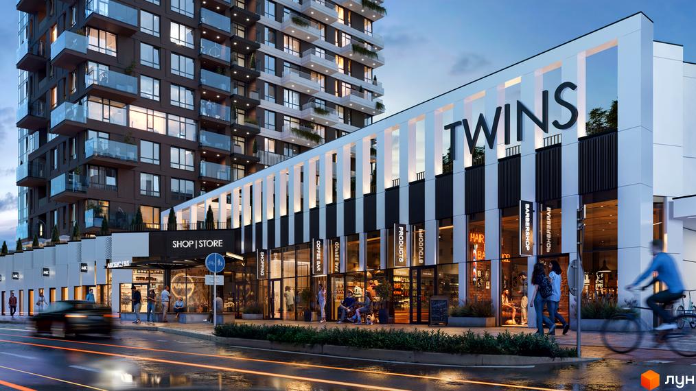 Житловий комплекс TWINS: високий житловий будинок з балконами та комерційні приміщення. На першому поверсі магазини, кафе, поруч дорога та пішохідна зона.