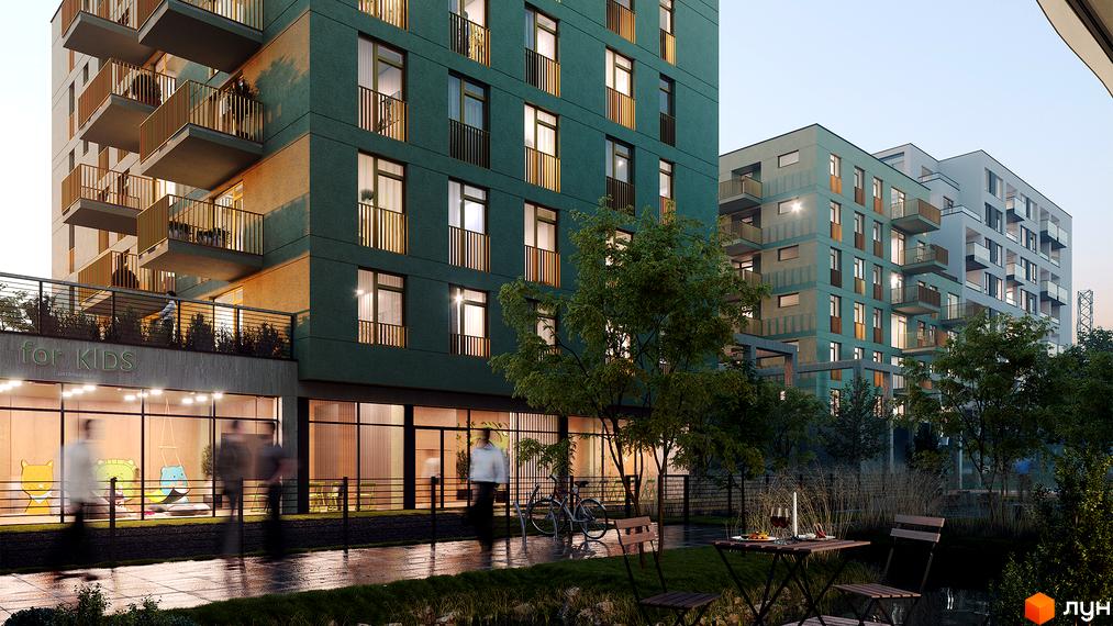 Зовнішній вигляд житлового комплексу HYGGE LUX з фасадами насиченого зеленого кольору та балконами. Прибудинкова територія з деревами та зоною відпочинку.