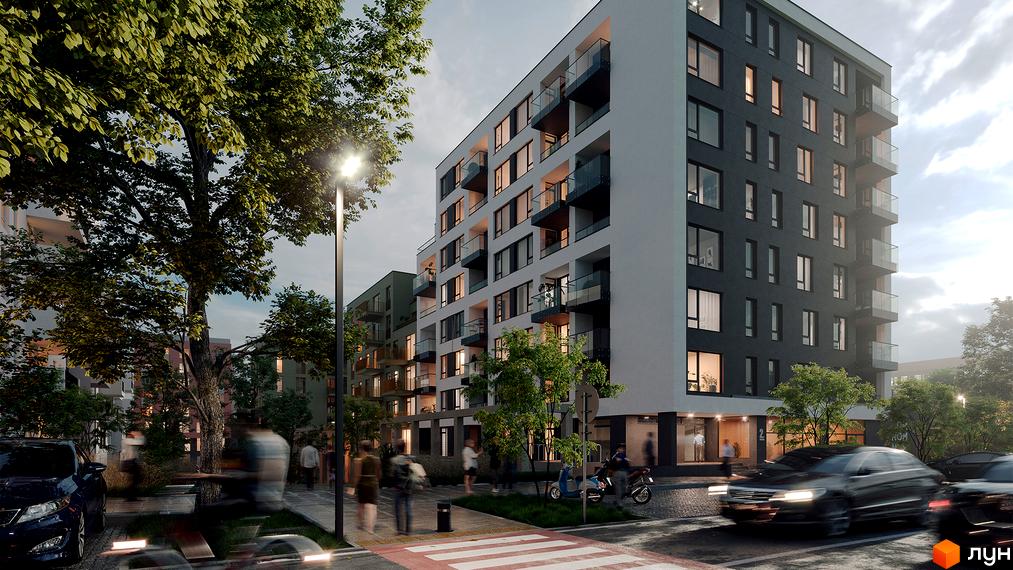 Житловий комплекс HYGGE LUX: фасади будівель з балконами, зелена прибудинкова територія з деревами та пішохідним переходом.