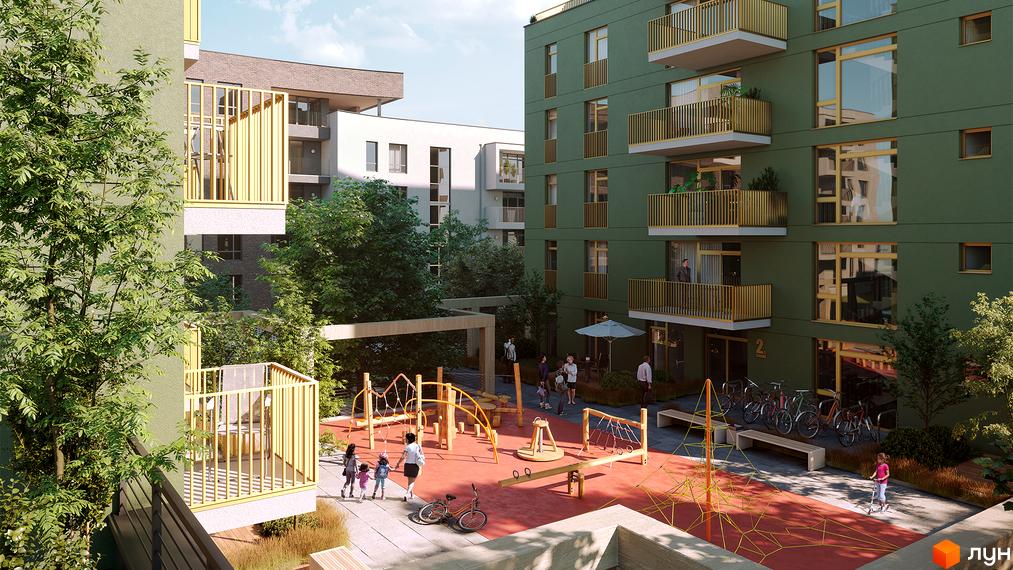 Житловий комплекс HYGGE LUX з зеленим фасадом та золотими балконами, на прибудинковій території дитячий майданчик та зони відпочинку.