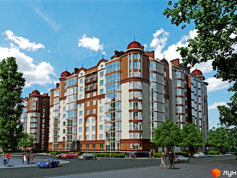 Зображення фасаду Житлового комплексу Едельвейс. Багатоповерховий будинок з великими вікнами та червоними куполами на даху.