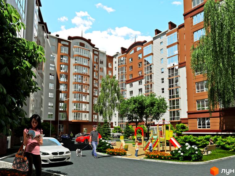 Зображення фасаду Житлового комплексу Едельвейс. На фото видно прибудинкову територію з дитячим майданчиком та пішохідною зоною.