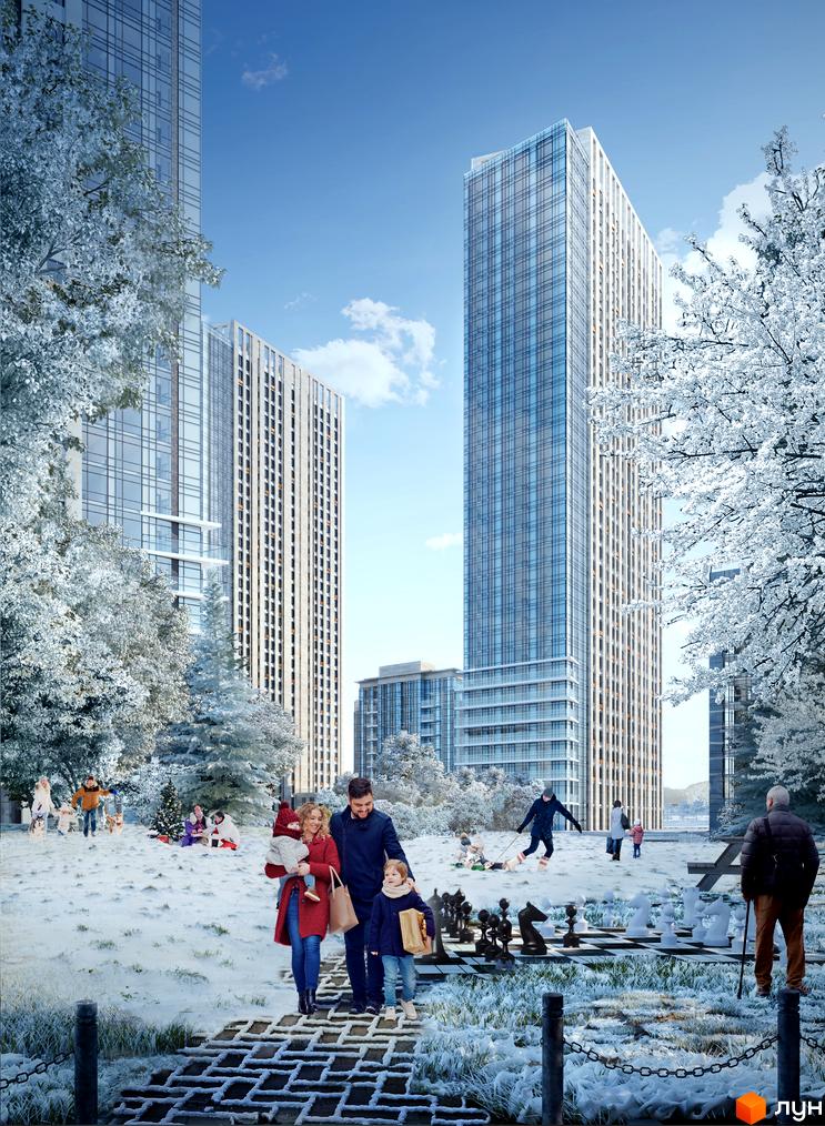 Житловий комплекс Метрополіс з високими скляними фасадами та засніженою прибудинковою територією, де сім'я грає в шахи.