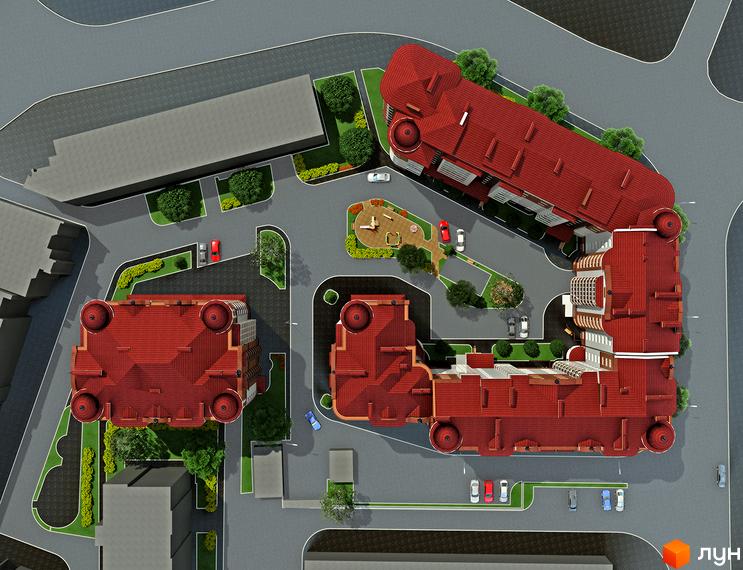 Вигляд зверху на Житловий комплекс Едельвейс з червоними дахами та внутрішнім двором з дитячим майданчиком. Навколо комплексу парковка та зелені насадження.