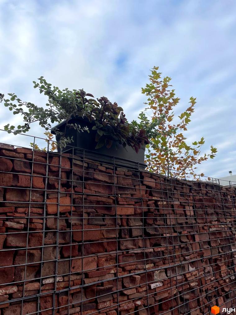 Котеджне містечко КАDЕНЮК homes з цегляною стіною та рослинами на фоні неба. Зелені та жовті дерева поруч з будинком.