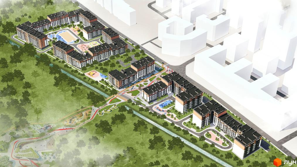 Житловий комплекс Burgundia 3 з будинками різної поверховості. На території комплексу є дитячі майданчики, зони відпочинку та зелені насадження.