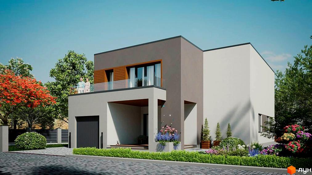 Котеджне містечко Imperial Hall: Двоповерховий будинок з сірими та світлими фасадами, балконом та гаражем. Навколо доглянутий двір з квітами та зеленими насадженнями.