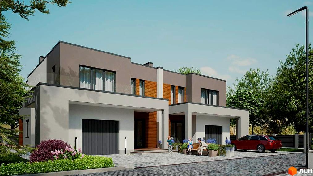 Двоповерхові будинки Котеджного містечка Imperial Hall з сіро-бежевими фасадами та великими вікнами. Перед ними викладена бруківка, зелені насадження та лавка.