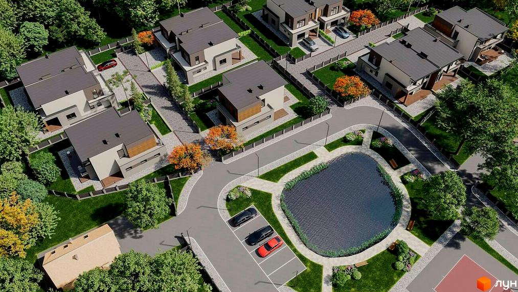 Котеджне містечко КМ Imperial Hall з сучасними будинками та доглянутою прибудинковою територією з озером та парковкою.