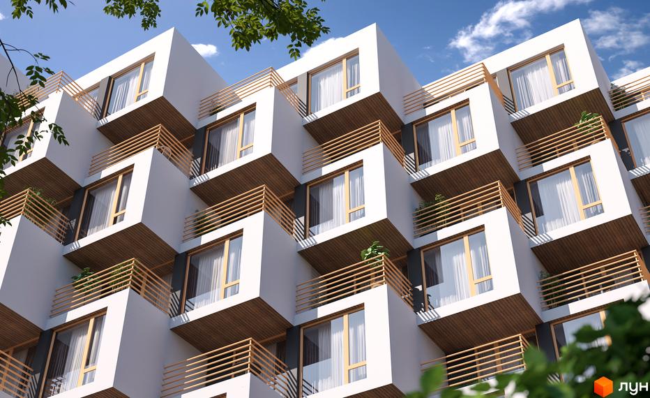 Архітектура ЖК Gravity Park з білими кубічними блоками, дерев'яними балконами та великими вікнами. Небо з хмарами на тлі.