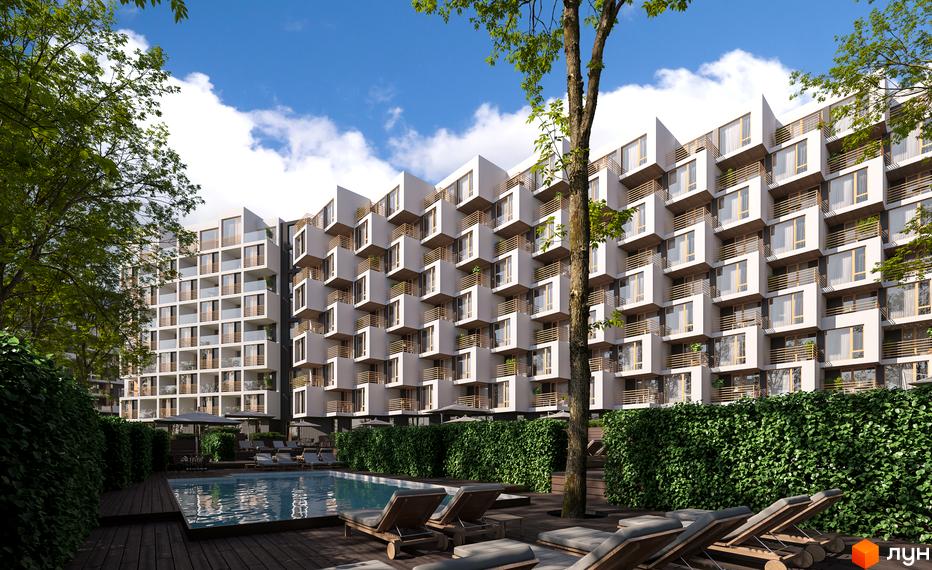 Висотна будівля житлового комплексу Gravity Park з незвичайним дизайном фасадів. На території є басейн та зона відпочинку з шезлонгами.