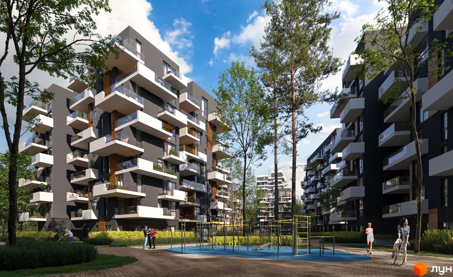 Житловий комплекс Gravity Park з сучасними будинками з білими балконами. На території комплексу є дитячий майданчик та зелені насадження.