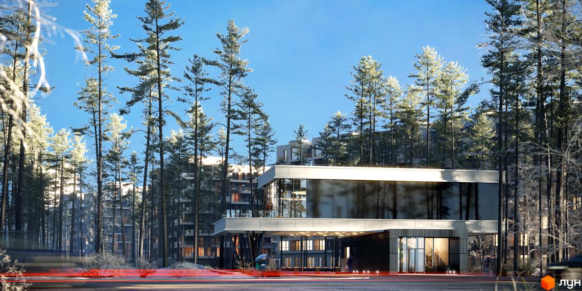 Житловий комплекс Gravity Park з панорамним склінням розташований серед хвойних дерев. На території комплексу є зелені насадження та сучасна архітектура.