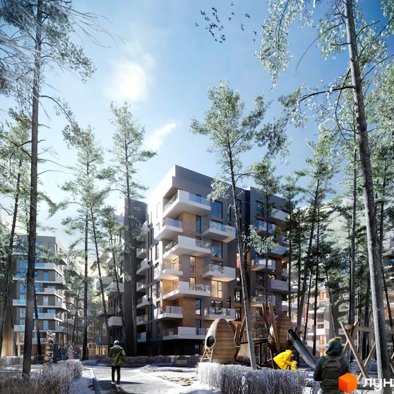 Багатоповерховий будинок ЖК Gravity Park з балконами та скляними фасадами серед зимового парку з дитячим майданчиком та деревами.