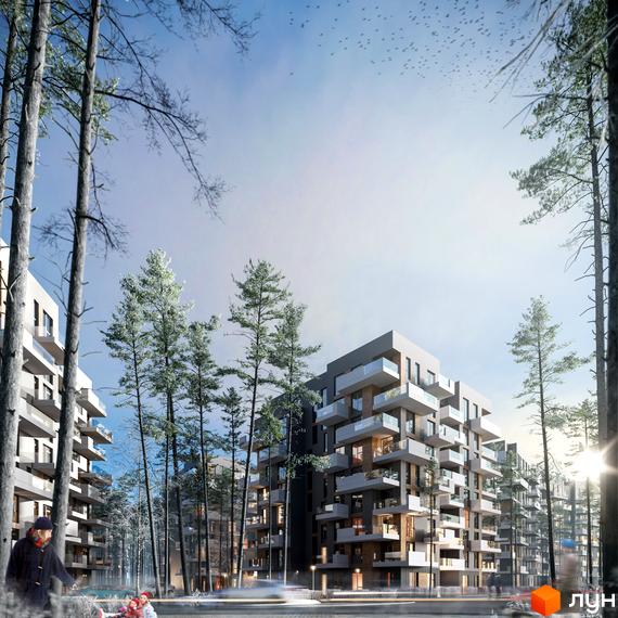 Багатоповерховий будинок ЖК Gravity Park з балконами та панорамними вікнами. Навколо будинку дерева, сніг та люди.