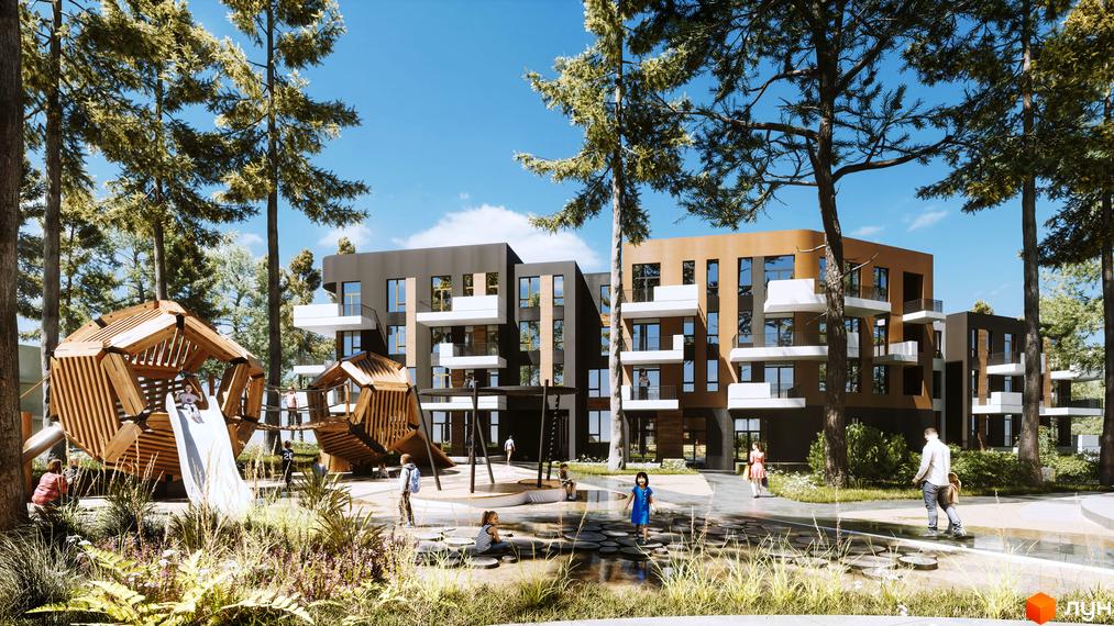 Житловий комплекс Gravity Park з сучасними фасадами та дитячим майданчиком серед дерев. Комфортне житло з продуманим благоустроєм території.